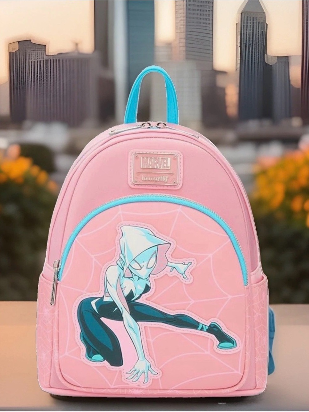 NEW w Tags Loungefly Marvel BL Exclusive Spider-Gwen Pink Blue Web Mini Backpack